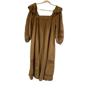 MARIA CHER / square neck khaki tan embroidered midi eyelet puff TUNIC DRESS S